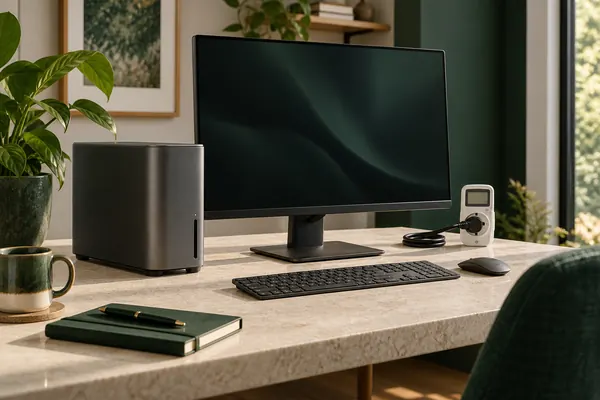Illustrative computer and electricity meter on a sunlit desk.